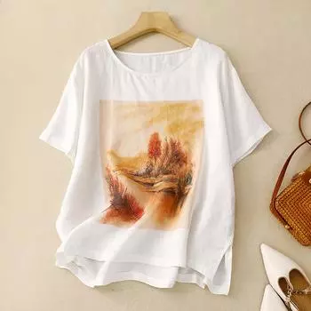 DIMANAF 2025 Женская Летняя Футболка Большого Размера Свободного Кроя С Принтом Лен Базовая Тонкая Винтажная Майка Топ Макси M белый