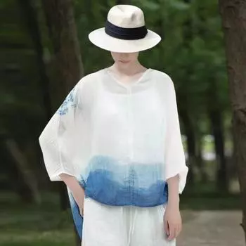 DIMANAF 2025 Женская летняя льняная футболка с принтом «летучая мышь» с коротким рукавом Модные топы Футболки Свободные футболки Новые XL синий