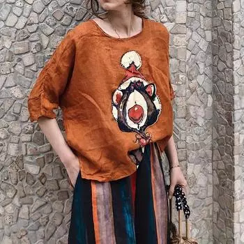 DIMANAF 2025 Женская летняя льняная футболка с принтом «летучая мышь», блузка с коротким рукавом, модные топы, футболки, свободные футболки, новые One Size оранжевый