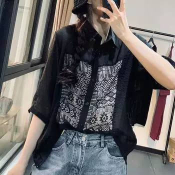 DIMANAF 2025 Женская летняя льняная рубашка блузка с коротким рукавом на пуговицах модные топы футболки свободные футболки новая черная блузка one size чёрный