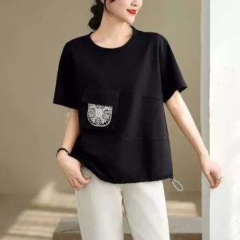 DIMANAF 2025 Женская новая летняя футболка больших размеров с коротким рукавом и круглым вырезом, винтажные свободные топы, футболки макси L чёрный