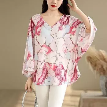 Dimanaf 2025 Женская новая летняя футболка больших размеров с рукавами «летучая мышь» и принтом в виде V-образного выреза, винтажные свободные топы, футболки макси XL розовый