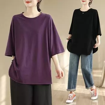 Dimanaf 2025 Женская новая летняя футболка больших размеров с короткими рукавами из хлопка в винтажном стиле, свободные топы, футболки, однотонные, макси One Size чёрный