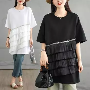 DIMANAF 2025 Женская новая летняя свободная футболка больших размеров с короткими рукавами из хлопка в винтажном стиле с вставками, футболки, однотонные макси One Size белый