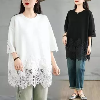 DIMANAF 2025 Женская новая летняя свободная футболка больших размеров с короткими рукавами из хлопка с винтажным кружевом, топы, однотонные макси One Size чёрный