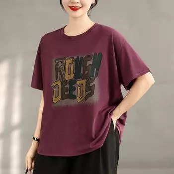 Dimanaf 2025 Женская новая летняя свободная футболка больших размеров с короткими рукавами из хлопка с винтажным принтом, топы, футболки макси One Size чёрный