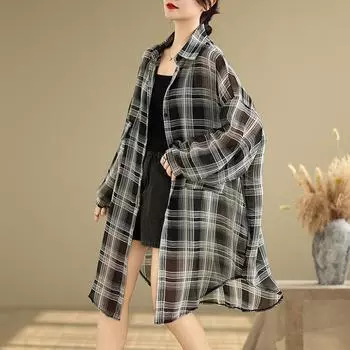 Dimanaf 2025 Женская рубашка больших размеров, весна-лето, длинная рубашка с длинным рукавом, блузка на пуговицах, модные топы, футболки, свободная клетчатая новая блузка One Size чёрный