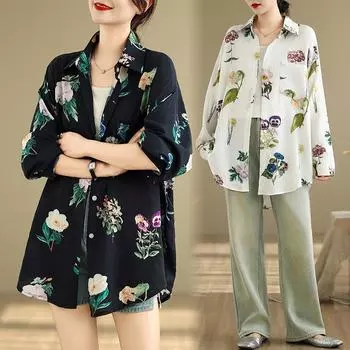 DIMANAF 2025 Женская рубашка больших размеров Весна Лето Рубашка с длинным рукавом Блузка Пуговицы Модные топы Футболки Свободный принт Новая блузка One Size чёрный