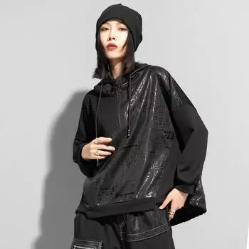 Dimanaf 2025 Женская рубашка большого размера с капюшоном, повседневная, с длинным рукавом, винтажная мода, топы, футболки, свободные, новые M чёрный