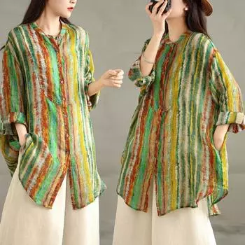 DIMANAF 2025 Женская весенняя рубашка Блузка с длинным рукавом Пуговицы Модные топы Футболки Свободная полосатая Новая блузка L зелёный