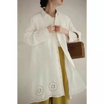 DIMANAF 2025 Женская весенняя рубашка Длинная кружевная блузка с длинным рукавом Пуговицы Модные топы Футболки Свободные белые футболки Новые One Size бежевый