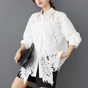 DIMANAF 2025 Женская весенняя рубашка, кружевная блузка, сшитая с длинным рукавом, пуговицы, модные топы, футболки, свободные белые футболки, новые One Size белый