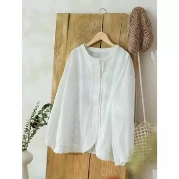DIMANAF 2025 Женская весенняя рубашка с кружевом Блузка с длинным рукавом Пуговицы Модные топы Футболки Свободные белые футболки Новая блузка one size белый