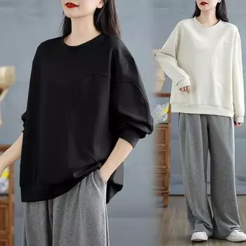 Dimanaf 2025 Женская весна Большие размеры Пуловеры Длинные рукава Топы Футболки Однотонные O-образный вырез Повседневная женская свободная рубашка Oversize L чёрный