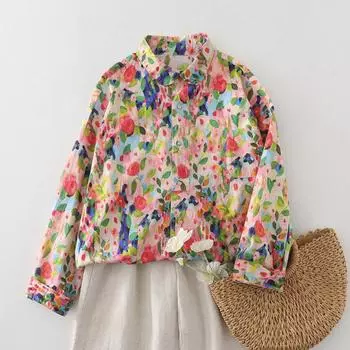 DIMANAF 2025 Женская весна Новая рубашка Блузка с длинным рукавом Пуговицы Модные топы Футболки Свободная цветочная блузка L красный