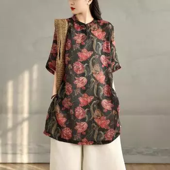 Dimanaf 2025 Женские летние рубашки больших размеров из льна с цветочным принтом, свободные винтажные длинные новые топы, футболки L чёрный