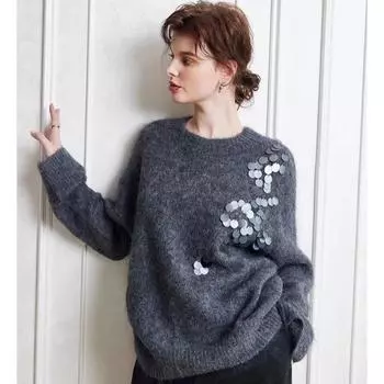 DIMANAF 2025 Женские свитера Весенние пайетки Вязание O-образный вырез Свободные топы свитера One Size серый