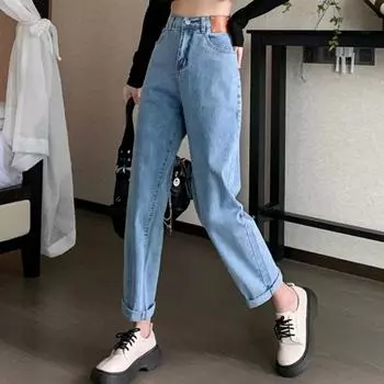 DIMANAF 2025 Женские весенние эластичные джинсы больших размеров, брюки женские на пуговицах, прямые, базовые брюки с высокой талией, синие длинные брюки S синий