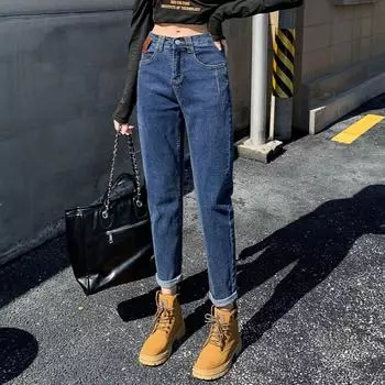 Dimanaf 2025 Женские весенние джинсы больших размеров, эластичные, прямые, на пуговицах, с высокой талией, синие, длинные брюки 5XL S синий