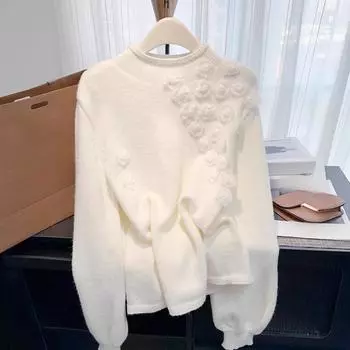 DIMANAF 2025 Женские весенние свитера с цветочным узором и круглым вырезом Свободный свитер Белые короткие топы one size бежевый