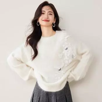 DIMANAF 2025 Женские весенние свитера с пайетками и круглым вырезом, свободные топы для свитеров One Size белый