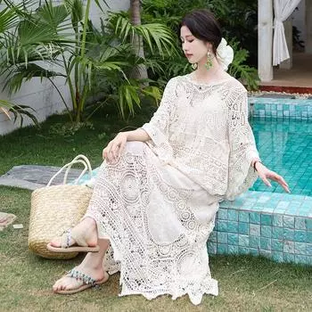 DIMANAF 2025 Женский новый костюм Юбка Вязаный Пляжный С коротким рукавом Кружево Ажурный Сексуальный Вырез-лодочка Ажурный Летний стиль Топы Футболки Свободный Базовый One Size бежевый