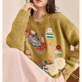 DIMANAF 2025 Женский Осенний Свитер с Вышивкой Дизайн Базовый Новая Мода Топы Футболки Повседневные Свободные Футболки One Size жёлтый