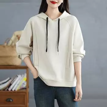 Dimanaf 2025 Женский пуловер больших размеров с длинным рукавом, однотонные топы, футболки, весенняя повседневная свободная женская рубашка с капюшоном L бежевый