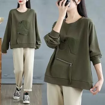 DIMANAF 2025 Женский пуловер больших размеров с длинным рукавом, однотонные топы, футболки, весенняя повседневная женская свободная рубашка с круглым вырезом L зелёный