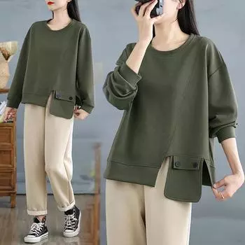 Dimanaf 2025 Женский пуловер больших размеров с длинным рукавом, однотонные топы, футболки, весенняя повседневная женская свободная рубашка с круглым вырезом, большие размеры L чёрный