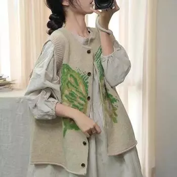 DIMANAF 2025 Женский жилет без рукавов с пуговицами, свитера, стильный принт, вязаный повседневный свободный свитер One Size