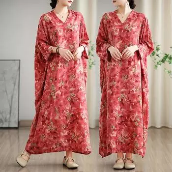 Dimanaf 2025 Женское длинное базовое платье больших размеров на весну с V-образным вырезом Повседневное винтажное платье Свободное платье с цветочным принтом Макси One Size красный