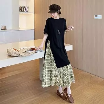 Dimanaf 2025 Женское длинное платье Базовое винтажное летнее платье-рубашка с коротким рукавом Клетчатое повседневное свободное платье больших размеров L чёрный