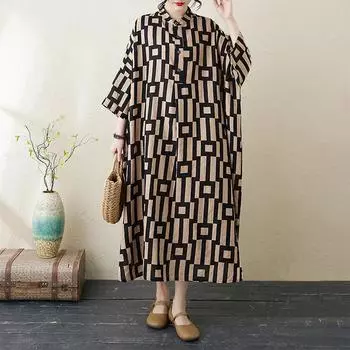 DIMANAF 2025 Женское длинное платье больших размеров Весна Свободное платье с принтом Базовое повседневное макси праздничное винтажное платье большого размера One Size коричневый