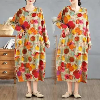 Dimanaf 2025 Женское Длинное Платье Большого Размера Весна Свободное Базовое Принтованное Винтажное Повседневное Оверсайз Новое Длинное Рукавное Макси One Size красный