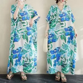 Dimanaf 2025 Женское Длинное Платье Большого Размера Весна Лето Повседневное Платье Свободное Цветочное Базовое Хлопковое Льняное Винтажное Макси One Size синий