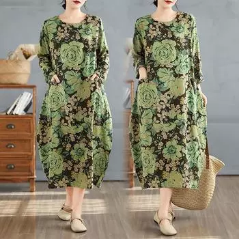 Dimanaf 2025 Женское Длинное Платье Большого Размера Весна Свободный О-Образный Вырез Длинный Рукав Базовый Винтаж Повседневный Макси Цветочный Оверсайз One Size зелёный