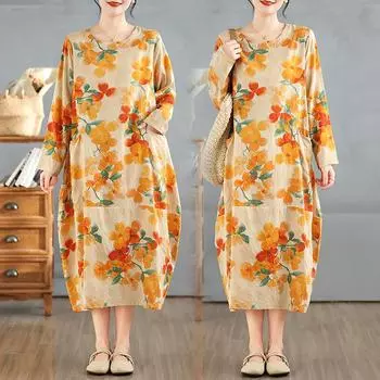 Dimanaf 2025 Женское Длинное Платье Большого Размера Весна Свободный О-Образный Вырез Длинный Рукав Базовый Повседневный Макси Винтаж Цветочный Оверсайз One Size оранжевый