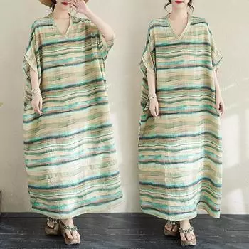 Dimanaf 2025 Женское длинное платье больших размеров Весна-лето Повседневное платье Свободное полосатое базовое хлопковое льняное винтажное макси One Size зелёный