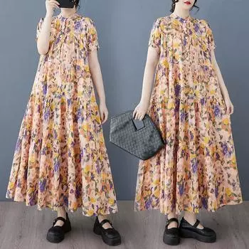 Dimanaf 2025 Женское Длинное Платье Большого Размера Весна Лето С Принтом Повседневное Платье Свободное Базовое Макси Новое Винтажное One Size оранжевый