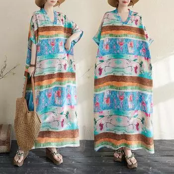 DIMANAF 2025 Женское длинное платье больших размеров Весна-лето Повседневное платье Базовое свободное цветочное хлопковое льняное винтажное макси One Size синий