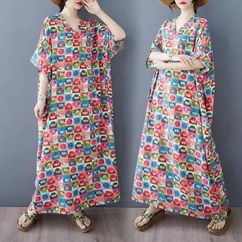 Dimanaf 2025 Женское Длинное Платье Большого Размера Весна Лето Платье Базовое Винтажное Свободное Повседневное Хлопок Льняной V-образный вырез One Size красный