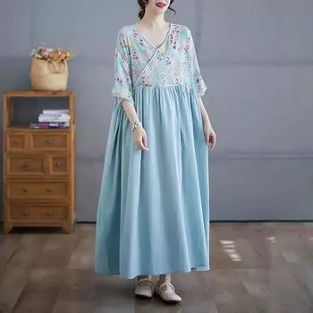Dimanaf 2025 Женское Длинное Платье Большого Размера Весна Лето Повседневное Цветочное Платье Базовое Винтажное Свободное Хлопковое Льняное Макси One Size синий