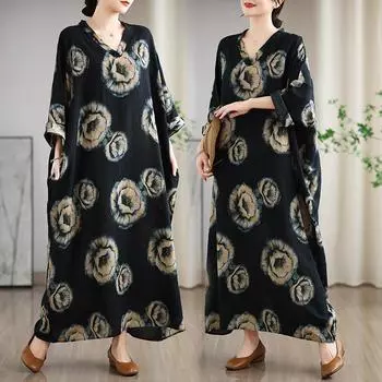 DIMANAF 2025 Женское Весеннее Длинное Платье Большого Размера Свободное Платье Базовое Повседневное Макси Цветочное Винтажный Принт Праздничное One Size чёрный