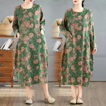 Dimanaf 2025 Женское длинное платье больших размеров Весна Свободное платье с длинным рукавом Базовое повседневное макси Винтажное цветочное платье большого размера One Size зелёный