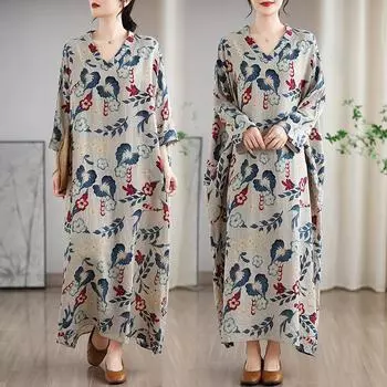 DIMANAF 2025 Женское длинное платье больших размеров на весну Свободное платье с цветочным принтом Базовое повседневное макси-платье для праздника Винтаж One Size серый
