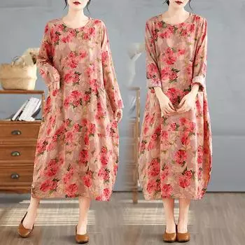 Dimanaf 2025 Женское длинное платье больших размеров Весна Свободное платье с длинным рукавом Базовое повседневное макси Винтажное платье большого размера Элегантное One Size красный