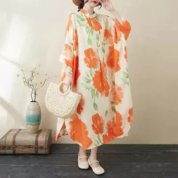 Dimanaf 2025 Женское длинное весеннее платье больших размеров, свободное платье, базовое повседневное макси с цветочным принтом, винтажное One Size оранжевый