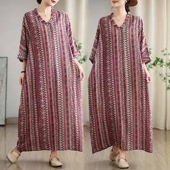 Dimanaf 2025 Женское длинное весеннее платье больших размеров с длинным рукавом Повседневное винтажное платье Базовое свободное платье с V-образным вырезом Макси One Size темно-красного