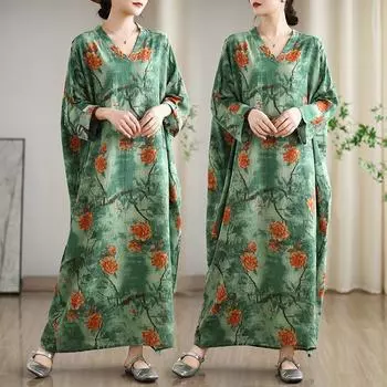 Dimanaf 2025 Женское длинное весеннее платье больших размеров с цветочным принтом, повседневное винтажное платье, базовое свободное платье с V-образным вырезом, макси, новое One Size зелёный